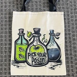 Pick Your Poison Bottle Canvas Cream Tote Shoulder Bag Halloween Spooky NEW
